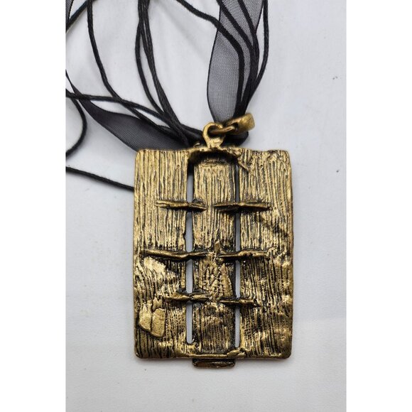 Gold & Black Rectangular PendantWith Multi-Strand Ribbon &Cord - Picture 4 of 4